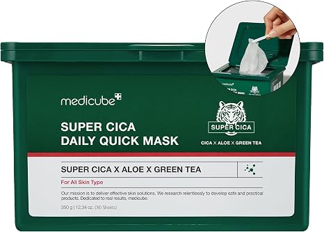 Mascarillas faciales rápidas diarias Medicube Super Cica (30 hojas) - Mascarilla facial calmante e hidratante de 60 segundos con 88% de Cica, enfriamiento e hidratación instantáneos - 100% certificado vegano, cuidado de la piel coreano