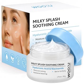 WOO:U Hidratante facial con ácido hialurónico y niacinamida, dermatológicamente probado, antienvejecimiento, cuidado de la piel coreano, crema de salpicaduras lechosas para rocío, hidratación