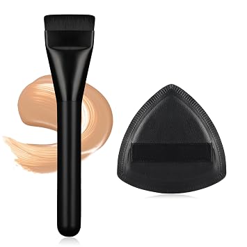 Brocha de base plana con esponja para maquillaje líquido, brochas de maquillaje coreanas rápidas e impecables para mezclar, líquido, crema, rubor, pulido (negro)