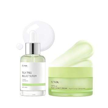 IUNIK Tea Tree & Centella - Set de alivio calmante instantáneo - Suero calmante instantáneo + crema de gel sorbete para pieles grasas, propensas al acné y sensibles | Cuidado de la piel vegano coreano