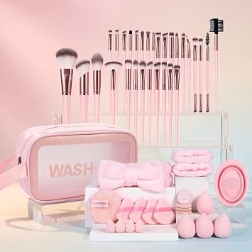 52PCS Pink Makeup Brushes, Travel Makeup Brushes Set with Toiletry Bag & Makeup Sponges, Makeup Brush Set Professional for Foundation Powder Concealers Eyeshadows Blush, Make Up Kits Women