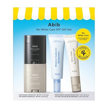 Abib Set de regalo con SPF sin fundición blanca 4EA, esenciales de viaje para el cuidado solar (Airy Sunstick + Quick Sunstick + Gel solar aireado + protector solar acuoso)