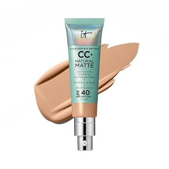 IT Cosmetics CC+ Cream Natural Matte - Base de cobertura completa sin poros con SPF 40, control de brillo de 16 horas, corrector de color, suero de equilibrio de la piel, a prueba de sudor, no