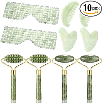 Sliner - Juego de 10 unidades de jade Gua Sha con peine de máscara de ojos