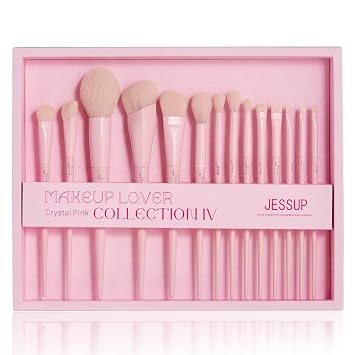 Jessup Juego de brochas de maquillaje rosa, 14 piezas, brochas de maquillaje premium veganas, base, corrector, colorete, sombra de ojos, delineador, polvo, resaltador, cepillo para mezclar, juego de