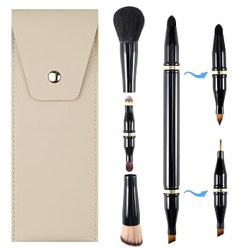 Ponhey Juego de brochas de maquillaje de viaje 4 en 1, cepillo de maquillaje de viaje desmontable con estuche para base, polvo suelto, corrector, sombra de ojos, delineador de ojos, pincel de maquillaje de doble extremo, ideal para líquidos, crema, polvo