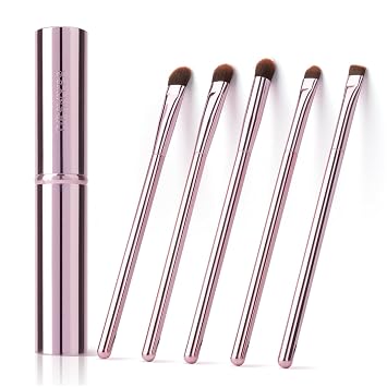 Juego de 5 brochas para sombra de ojos, cepillo de maquillaje de ojos premium, cepillos de ojos portátiles, cepillo angular, caja redondeada rosa, cepillo para cejas, pincel delineador de ojos por