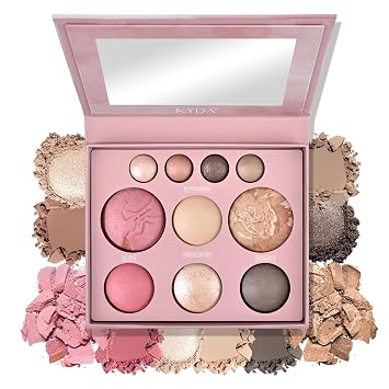 Paleta de maquillaje horneado 4 en 1 de tamaño completo con rubor, resaltadores, bronceador y 4 sombras de ojos, compacta para viajes, altamente pigmentada, larga duración