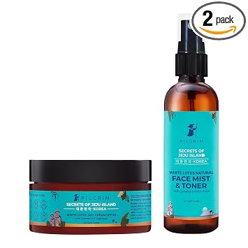 Pilgrim Crema de día de loto blanco coreano SPF 50 (PA+++) y niebla facial y tóner con camelia y yugdugu | aclaramiento de la piel | Reduce líneas finas y arrugas | Nutrición profunda | Combate la