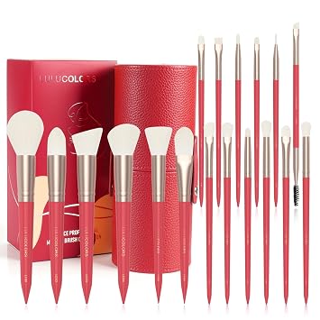 LULUCOLORS - Juego de 18 brochas de maquillaje de madera roja con estuche
