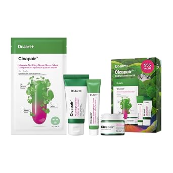 Dr.Jart+ Cicapair Redness Rescue - Juego de cuidado de la piel coreano, juego de regalo de tamaño de viaje con crema correctora de color Cicapair, lavado facial, crema hidratante y máscara facial