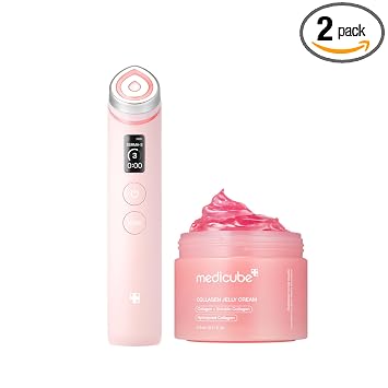 medicube Set de cuidado de la piel rosa para piel brillante de vidrio: Age-R Booster Pro Pink | Masajeador de belleza de brillo de cristal real 6 en 1 y crema de gelatina de colágeno - niacinamida y