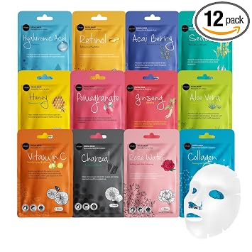 Celavi juego de mascarillas de belleza coreana, mascarillas Essence de papel para cuidado e hidratación de la piel, 12 variedades, 12 mascarillas hechas en Corea