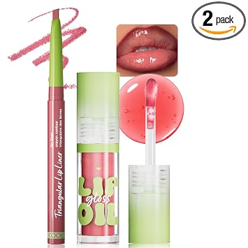 Aceite de labios rosa coral con juego de delineadores de labios rosa nude, hidratante para labios Duo hidratante tinte hidratante brillo de labios suave altamente pigmentado mate delineador de