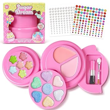 M&U MAKE YOU UP Juego de brillo de labios para pastel de cumpleaños para niñas, sabores afrutados no tóxicos, kit de maquillaje para recuerdos de fiesta con capas sorpresa y lindo adorno | Regalo para | 3-Tier Swivel-Open Palette with 6 Lip Glosses, 7 Glit