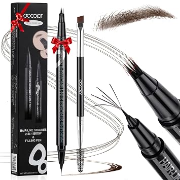 docolor Lápiz de cejas, lápiz de cejas 2 en 1 y bolígrafo de llenado de punta de cepillo de doble extremo, trazos 4D similares al cabello, bolígrafo impermeable para cejas con cepillo para cejas para