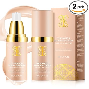 Base 4 en 1 – Espectro medio con SPF 50+, antienvejecimiento, corrector, protección solar, base de maquillaje hidratante que cambia de color – Larga duración e impermeable para deportes, baile (2