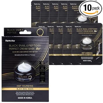 Farmstay Black Snail & Peptide 9 máscaras color crema, paquete de mascarillas de mucina de caracol coreano para piel elástica y brillante, paquete de mascarillas hidratantes y antienvejecimiento, cuidado de la piel coreano, para mujeres y hombres, 10 hojas
