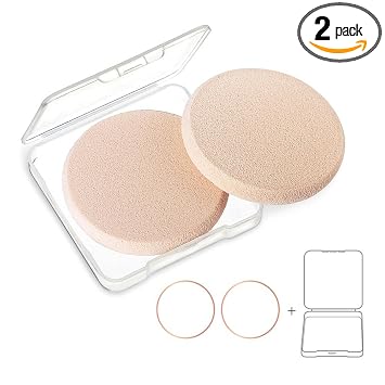 OWLFAVO 2 esponjas de maquillaje redondas con 1 estuche de viaje, imprimación facial de belleza compacta, esponja de repuesto para base cosmética impecable, sensible y todo tipo de piel