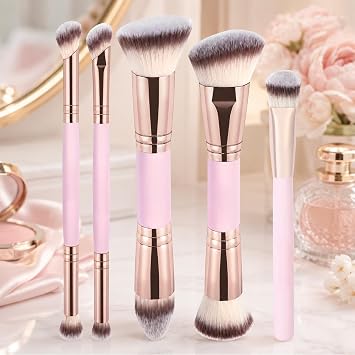 5 Pcs Dual-Ended Makeup Brush Set, Rose Gold and Pink Synthetic Foundation Brushes for Liquid Cream Powder, Flat Angled Concealer and Contour