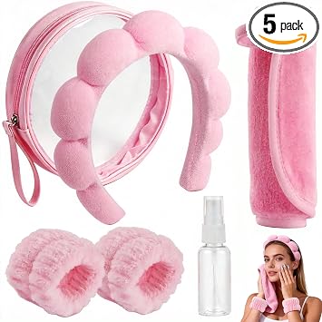 Real Perfection Diadema de spa para lavar la cara, juego de muñequeras para el cuidado de la piel, mascarilla facial, toalla removedor de maquillaje, botella pequeña con bolsa de maquillaje de viaje