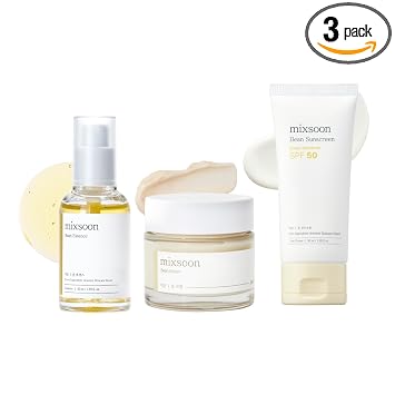mixsoon Daily Bean Signature Set, Bean Essence + Bean Cream + Bean Cream + Bean Sunscreen - Rutina coreana de cuidado de la piel de 3 pasos para hidratación, brillo y cuidado solar diario