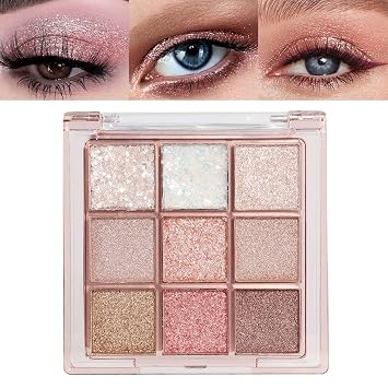 Paleta de sombra de ojos con purpurina rosa de 9 colores, sombra de ojos para mujeres y niñas, paleta de sombra de ojos brillante, paleta de sombras de ojos pastel cálidas de larga duración, impermeable