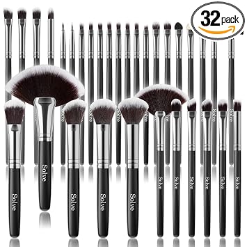 SOLVE - Juego de 32 brochas de maquillaje profesionales, mango de madera, brochas para cosméticos, base, corrector, polvo, rostro, ojos, maquillaje, color negro