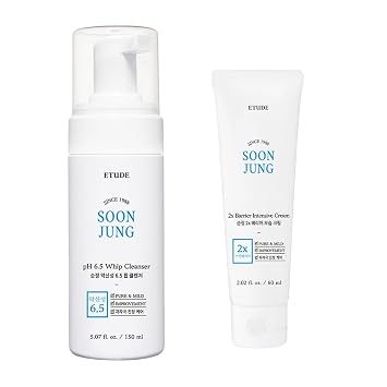ETUDE SoonJung - Crema intensiva de barrera, rica en humedad (2.02 fl oz) + limpiador látigo SoonJung pH 6.5 (5.07 fl oz)