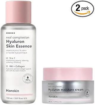 Hanskin Pink Hydration Duo - Crema hidratante y esencia para la piel de Hyaluron | Hidratación profunda y cuidado calmante para pieles secas y sensibles | Juego de brillo ligero para piel radiante y con vidrio húmedo | K-Beauty