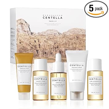 SKIN1004 Madagascar Centella - Kit de viaje, tónico, ampolla, crema calmante, aceite limpiador, espuma de ampolla, caja de kit de prueba básica para el cuidado de la piel, juegos de regalo para mamá