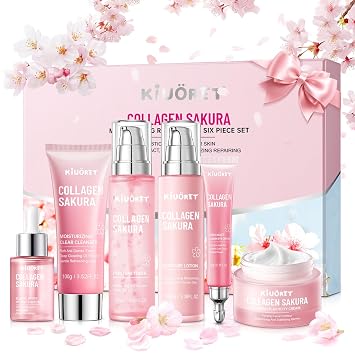 Sakura - Juego de 6 piezas de cuidado de la piel de flor de cerezo con limpiador, tónico, suero, loción, crema de ojos y crema facial, hidrata la piel y aumenta el colágeno, juego coreano de cuidado de la piel para adolescentes y mujeres