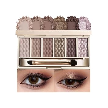 Paleta de sombra de ojos mate gris neutro marrón con espejo y aplicador de esponja, 6 colores de alto pigmento escarchado brillante maquillaje de sombra de ojos para mujeres mayores, brillo de