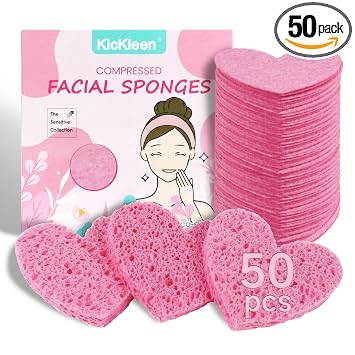 50 unidades de esponjas faciales de celulosa comprimidas en forma de corazón de kickleen | esponjas naturales para cosmética y spa para limpieza facial | exfoliación | eliminación de máscaras y