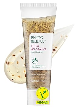 THANKYOU FARMER Phyto Relieful - Limpiador de gel de cica real, vegano, anti-acné, equilibrio del pH, centella asiática para calmar, limpiador facial coreano de día y noche, 4.22 onzas líquidas