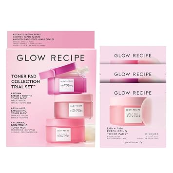 Glow Recipe Juego de 12 almohadillas de tóner coreano con almohadillas exfoliantes, calmantes e iluminadoras, sin fragancia, tratamiento facial de 5 minutos para pieles sensibles