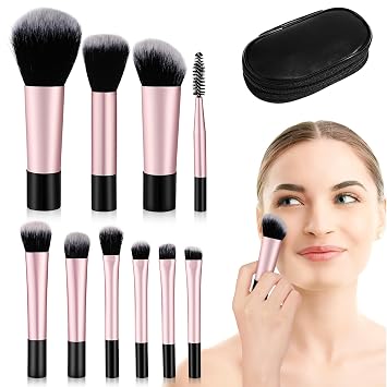 Healeved Juego de 10 brochas de maquillaje con estuche de maquillaje para sombra de ojos, base, polvo, rubor y corrector