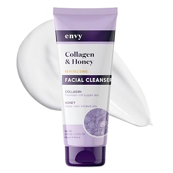 Envy Limpiador facial con colágeno y miel, reduce las líneas finas, las arrugas y la hidratación, cuidado de la piel coreano limpio, libre de crueldad animal para todo tipo de piel, probado por dermatólogos, 6.76 onzas