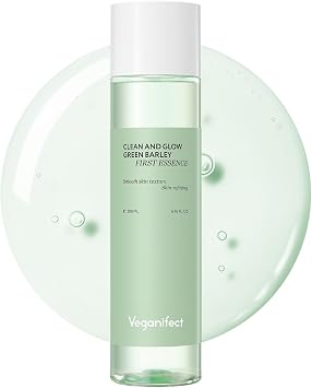 VEGANIFECT Green Barley First Essence, hidratación profunda y textura suave de la piel con AHA y arroz, elimina suavemente sebo, cuidado de la piel coreano vegano de baja irritación para una piel