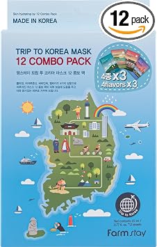 FARMSTAY Trip To Korea - Paquete de 12 mascarillas faciales coreanas para el cuidado de la piel, hipoalergénica, hidratante, nutritiva, vitalizante, refrescante, 0.77 onzas líquidas *12 ea