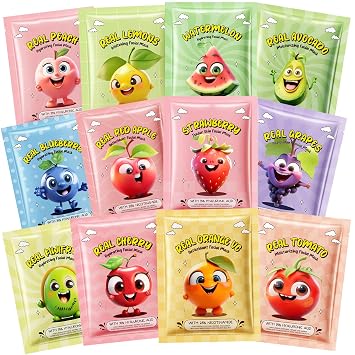 12 máscaras faciales, máscaras faciales de frutas para el cuidado de la piel para niños, máscara facial coreana a granel para mujeres, adolescentes y niños, artículos esenciales de spa y