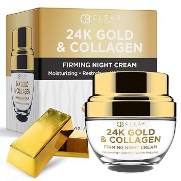 Clear Beauty Crema de noche de oro de 24 quilates y colágeno, hidratante facial reafirmante y ultrahidratante, restaura la piel suave y de aspecto juvenil, probada por dermatólogos, cuidado de la piel coreano, belleza limpia, 1.69 onzas líquidas