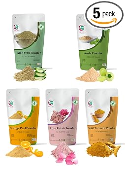 Set de Cuidado Herbal para la Piel | 5 polvos en un Paquete | Polvos de aloe vera, amla, cáscara de naranja, rosa y cúrcuma silvestre | 100g Cada uno | Polvos para Mascarilla Facial DIY | Por Yogi's