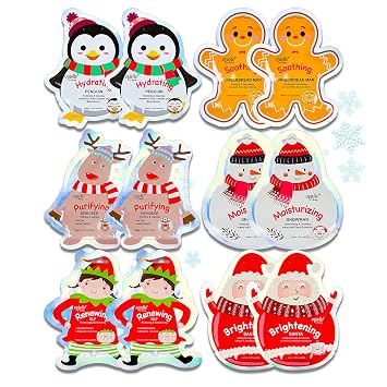 Epielle Paquete de 12 máscaras faciales de personajes navideños, cuidado de la piel coreano divertido y eficaz, recuerdos de fiesta de spa, rellenos de calcetines, regalos de cumpleaños para mujeres