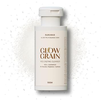 Suroskie Glow Grain Rice Enzyme Cleanser 50 Gm | Ceramide & Lactic | Polvo de lavado facial espumoso de limpieza profunda para piel hidratada, brillante e iluminada | Cuidado de la piel coreano para