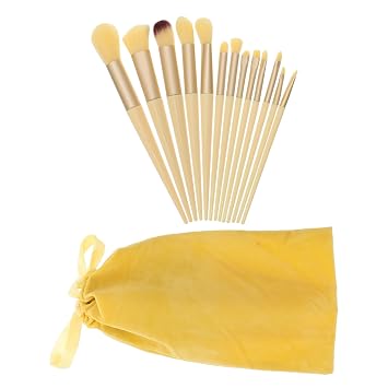 Professional Makeup Brush Set 13pcs with Blush Powder Highlighter Eyeshadow Brushes for Women, Yellow Handle with Velvet Pouch, Suitable for Daily Beauty Application