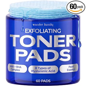 Almohadillas de tóner coreanas para la cara, tóner facial con ácido glicólico, ácido hialurónico, cúrcuma, perla y extractos de frutas, 100% algodón y doble cara, 60 almohadillas de algodón exfoliante