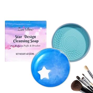 1 paquete de jabón limpiador de brochas de maquillaje, agarre de textura, limpiador sólido para brochas de maquillaje y esponjas con esponja de eliminación de color, limpiador cosmético de silicona, estrella, 2.16 oz