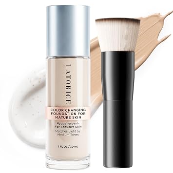 Base de maquillaje que cambia de color con cepillo profesional para pieles maduras: sin asentamiento, cobertura construible, hidratación y uso de 12 horas, tonos claros a medios, sin fragancia, 1 onza