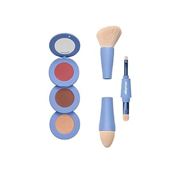 Alleyoop Paquete de maquillaje – Paleta facial en crema Stack The Odds (rubor, bronceador, contorno e iluminador) + juego de brochas de maquillaje de viaje 4 en 1 multitarea, kit compacto todo en uno